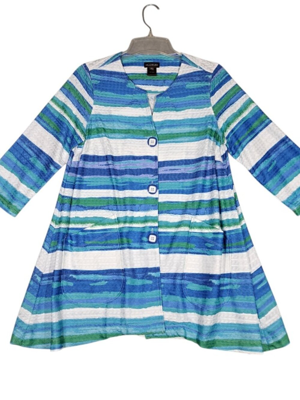Multiples Button-Up Jacket Top Tunic Sz S Blue Green Striped Lightweight Womens